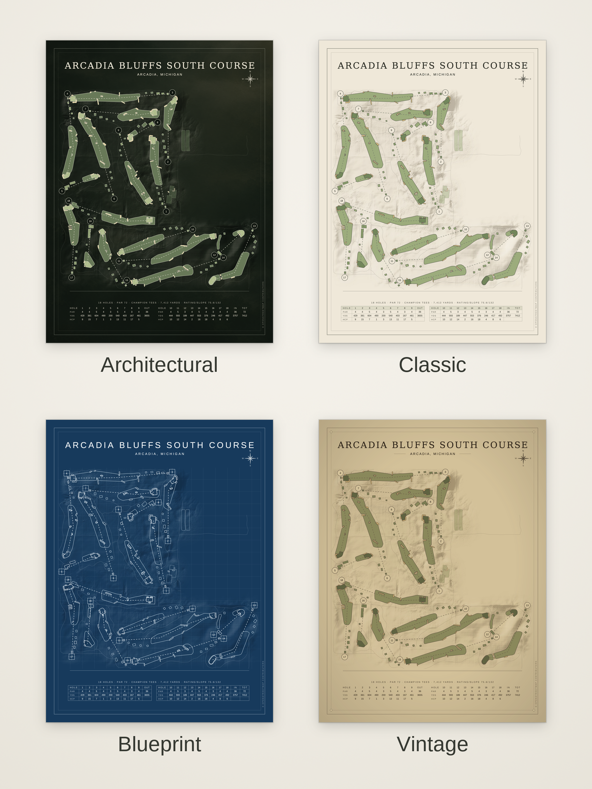 Arcadia Bluffs South Course map poster in four styles: Architectural, Classic, Blueprint and Vintage