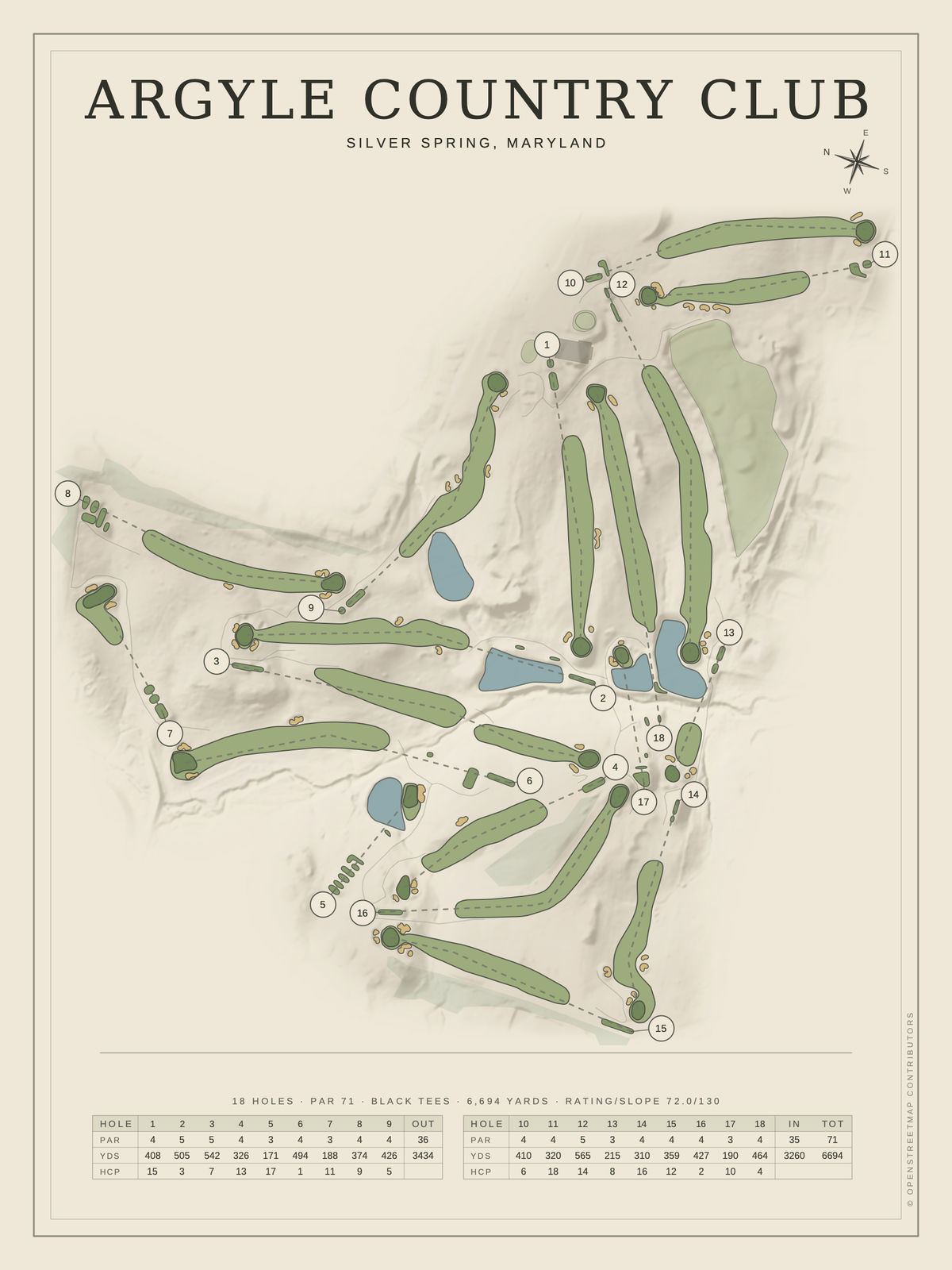Argyle Country Club course map poster, Classic style, 12×16 / 18×24