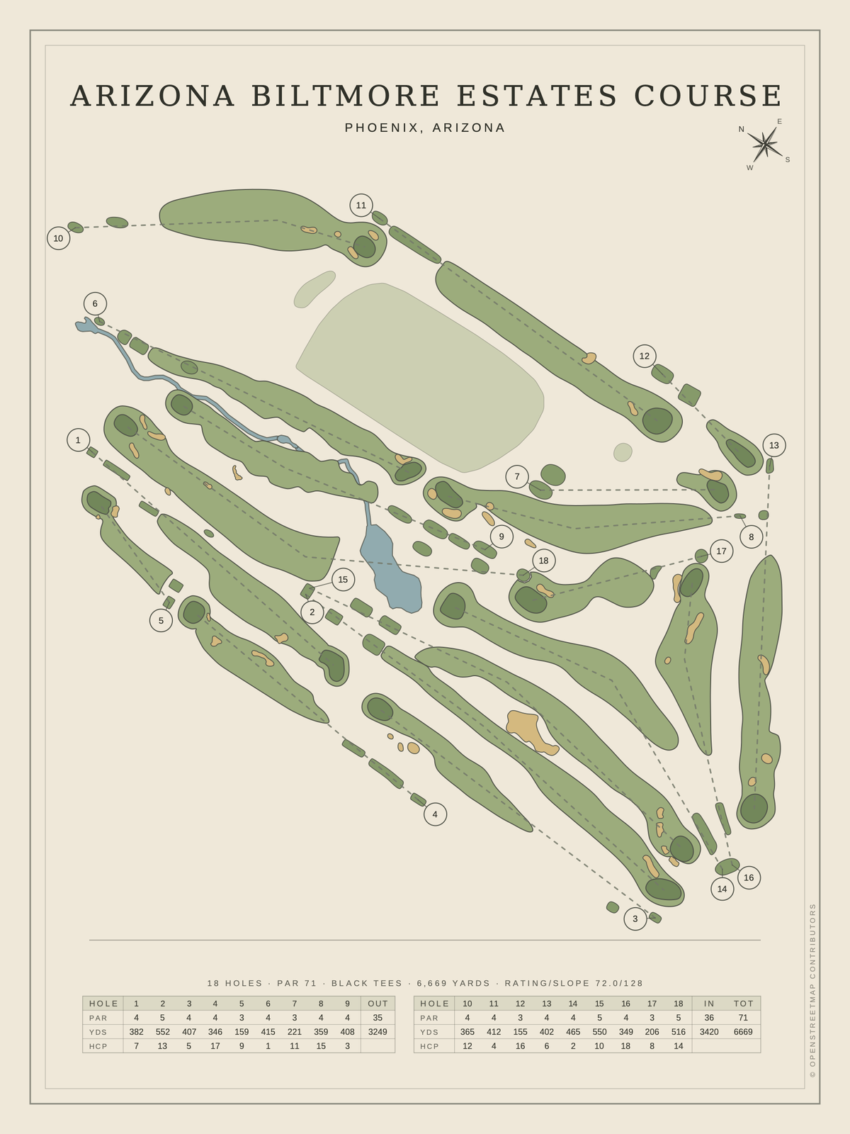 Arizona Biltmore Estates Course map poster, Classic style, 12×16 / 18×24