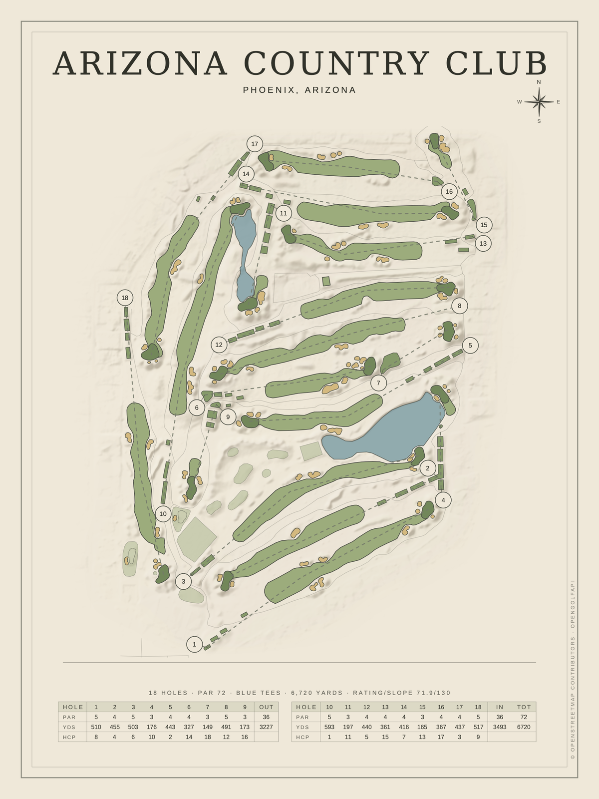 Arizona Country Club course map poster, Classic style, 12×16 / 18×24