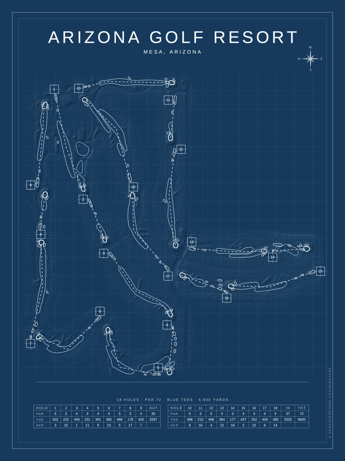 Arizona Golf Resort course map poster, Blueprint style, 12×16 / 18×24