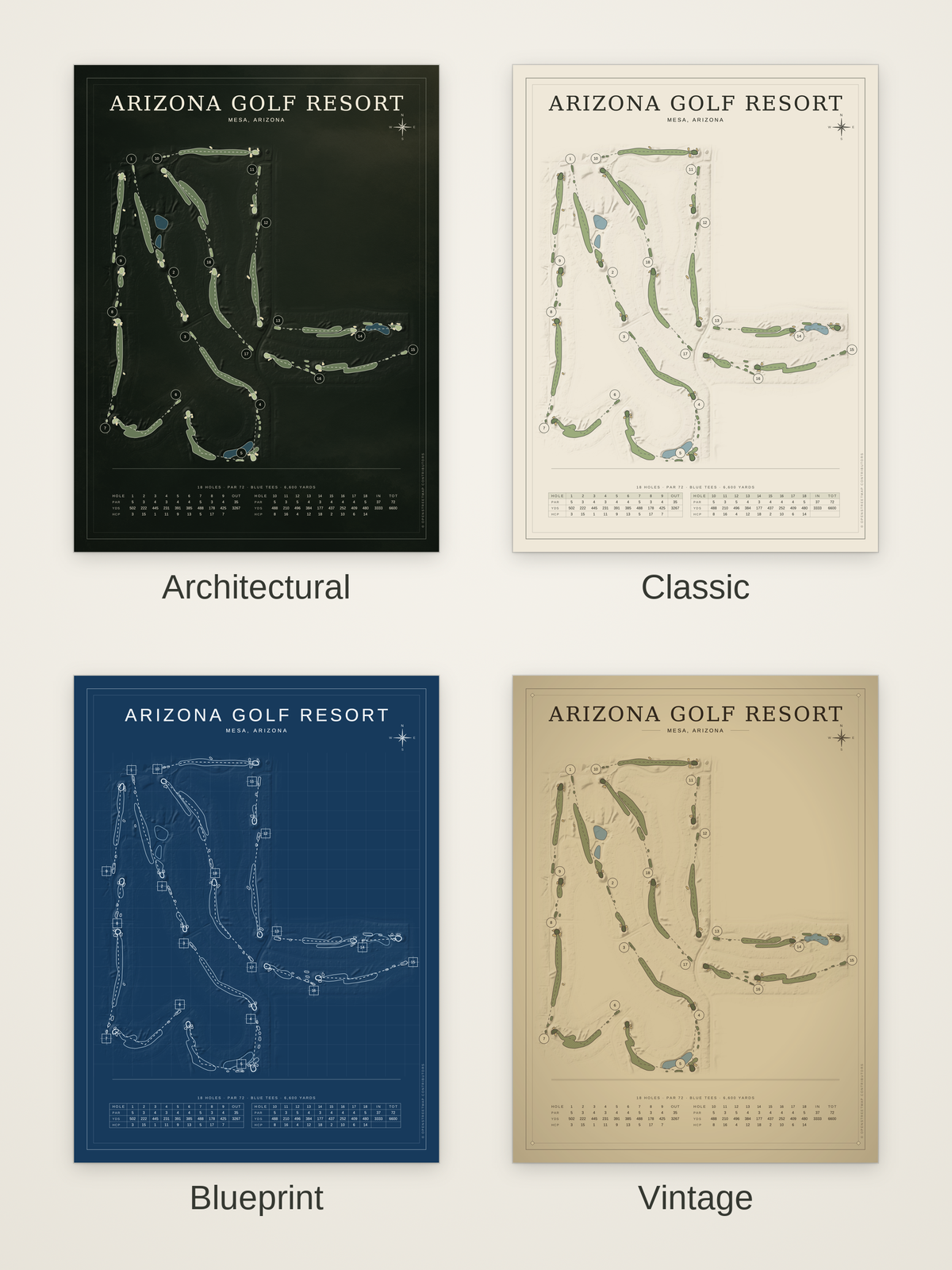 Arizona Golf Resort course map poster in four styles: Architectural, Classic, Blueprint and Vintage