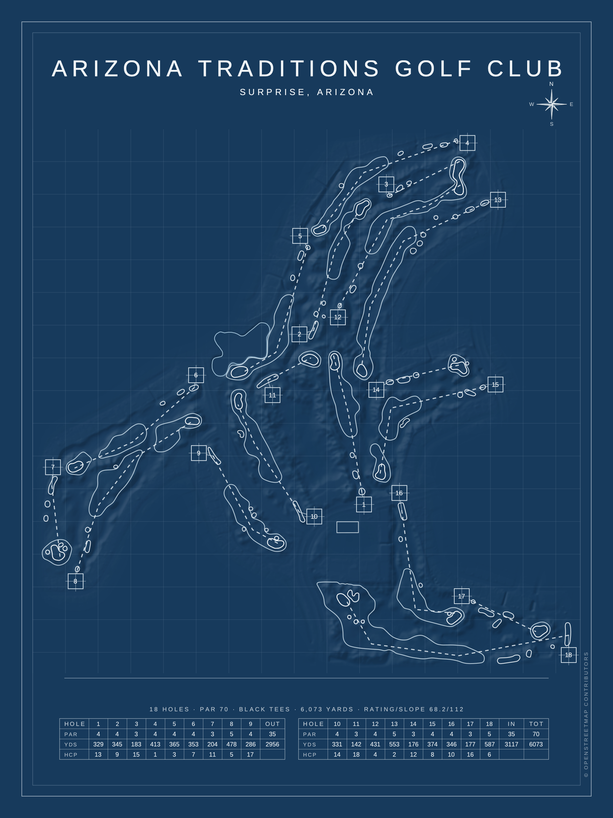 Arizona Traditions Golf Club course map poster, Blueprint style, 12×16 / 18×24