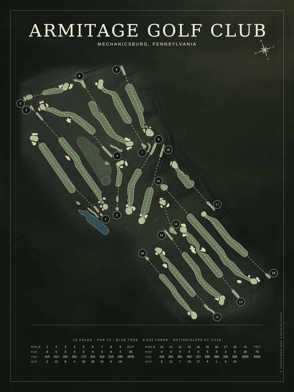 Armitage Golf Club course map poster, Architectural style, 12×16 / 18×24