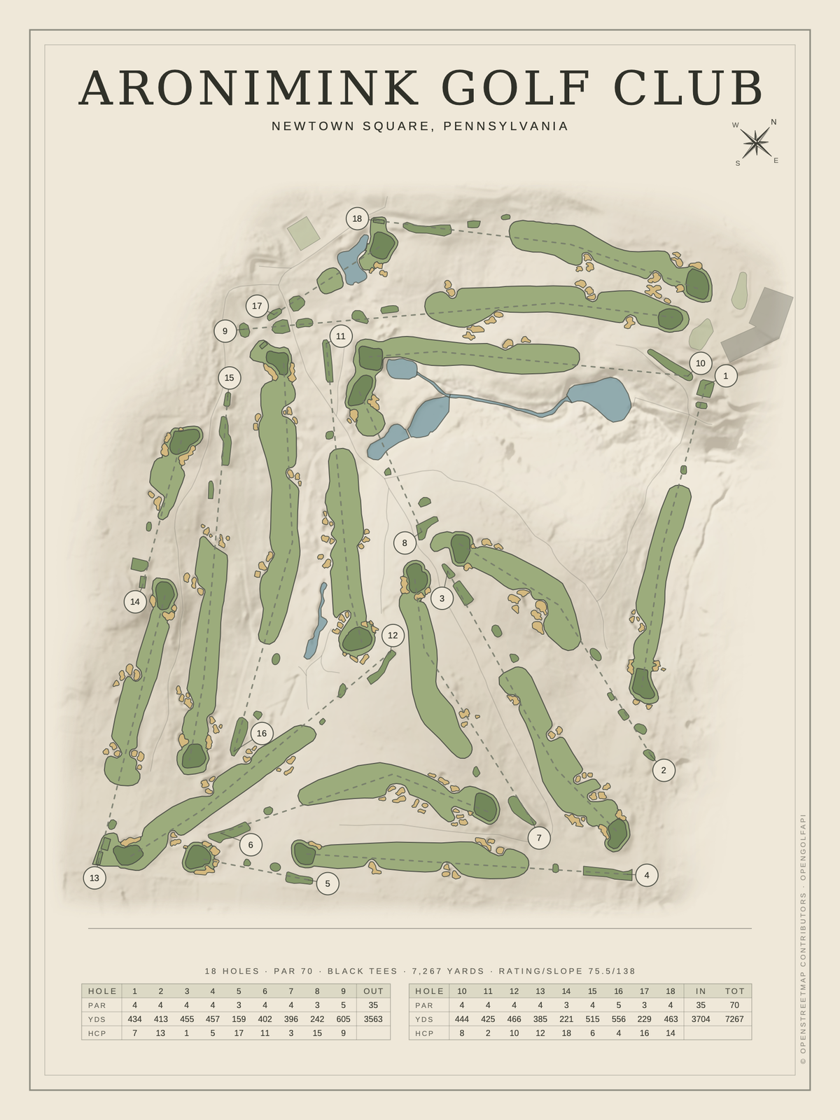 Aronimink Golf Club course map poster, Classic style, 12×16 / 18×24