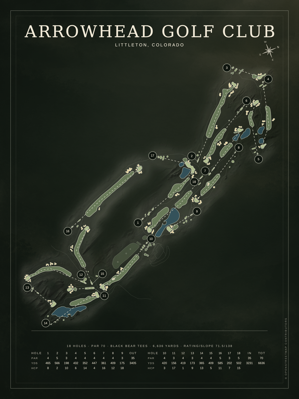Arrowhead Golf Club course map poster, Architectural style, 12×16 / 18×24