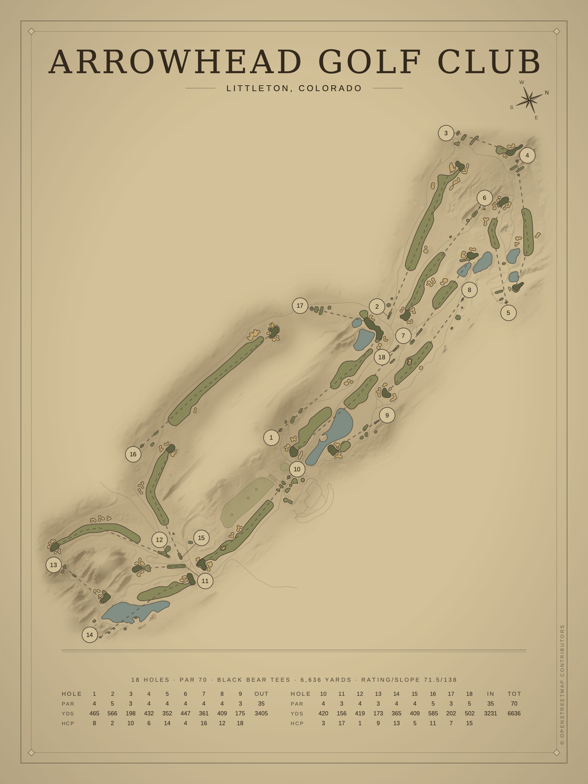 Arrowhead Golf Club course map poster, Vintage style, 12×16 / 18×24