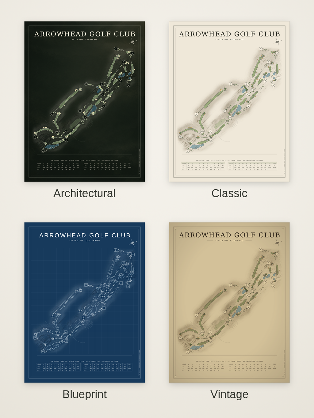 Arrowhead Golf Club course map poster in four styles: Architectural, Classic, Blueprint and Vintage