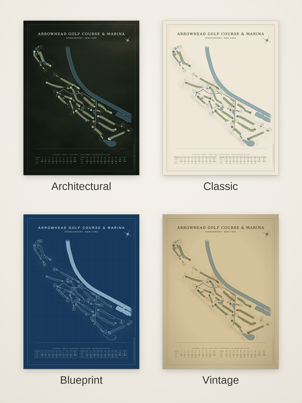 Arrowhead Golf Course & Marina course map poster in four styles: Architectural, Classic, Blueprint and Vintage