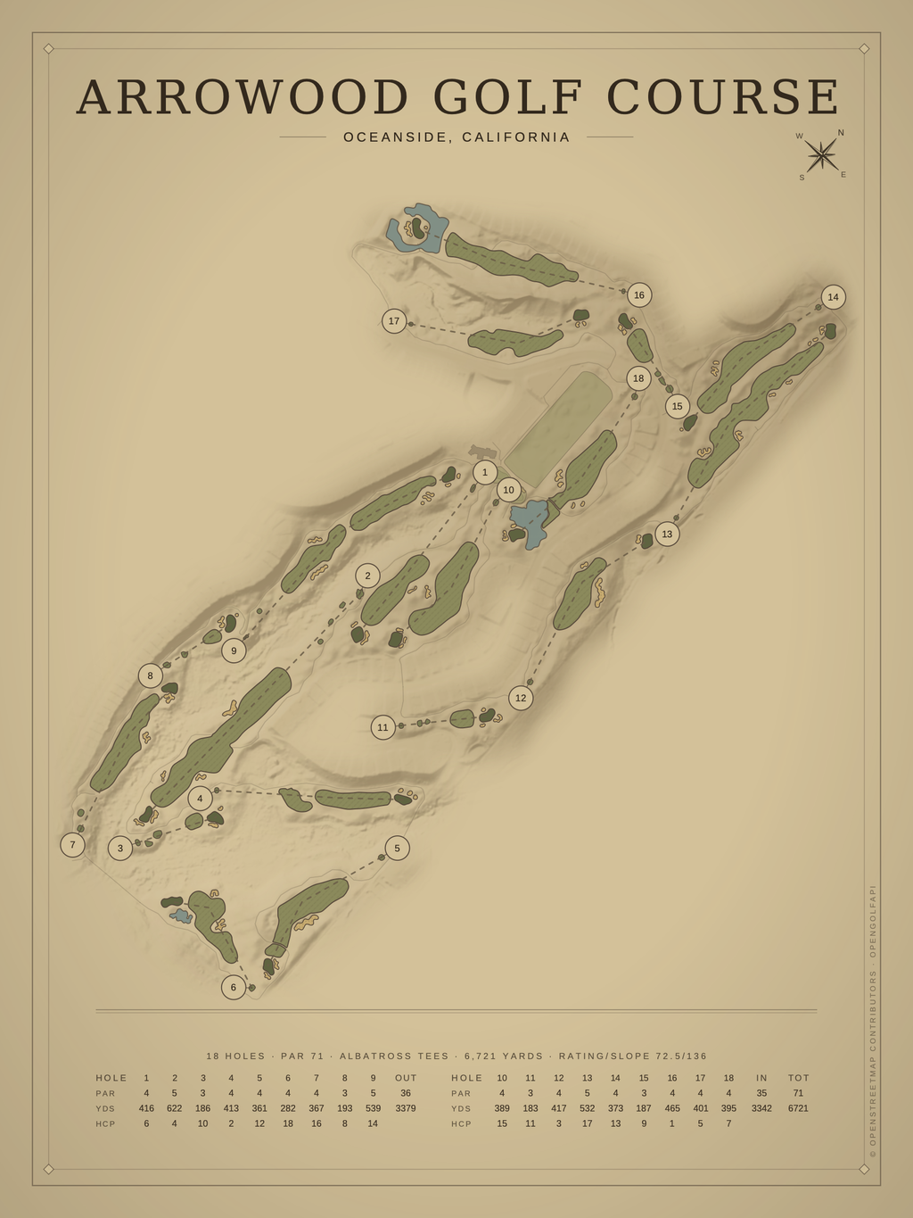 Arrowood Golf Course map poster, Vintage style, 12×16 / 18×24
