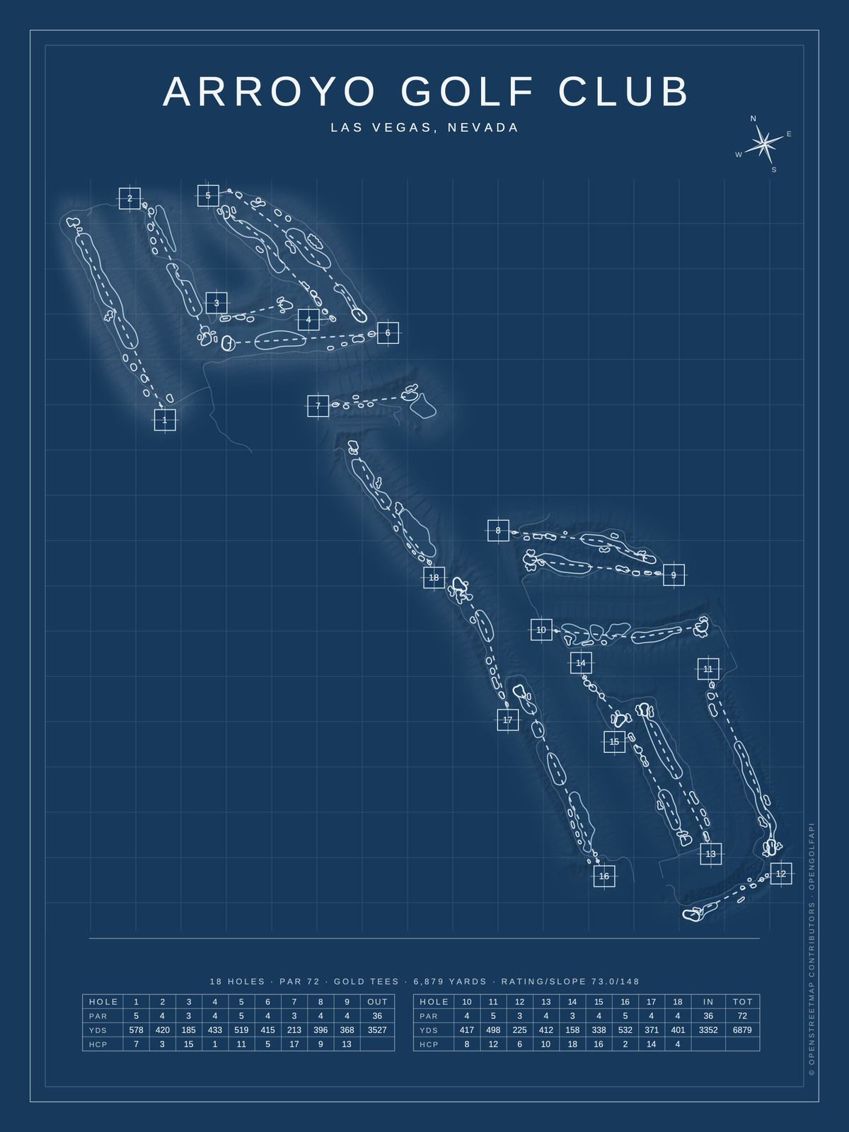 Arroyo Golf Club course map poster, Blueprint style, 12×16 / 18×24