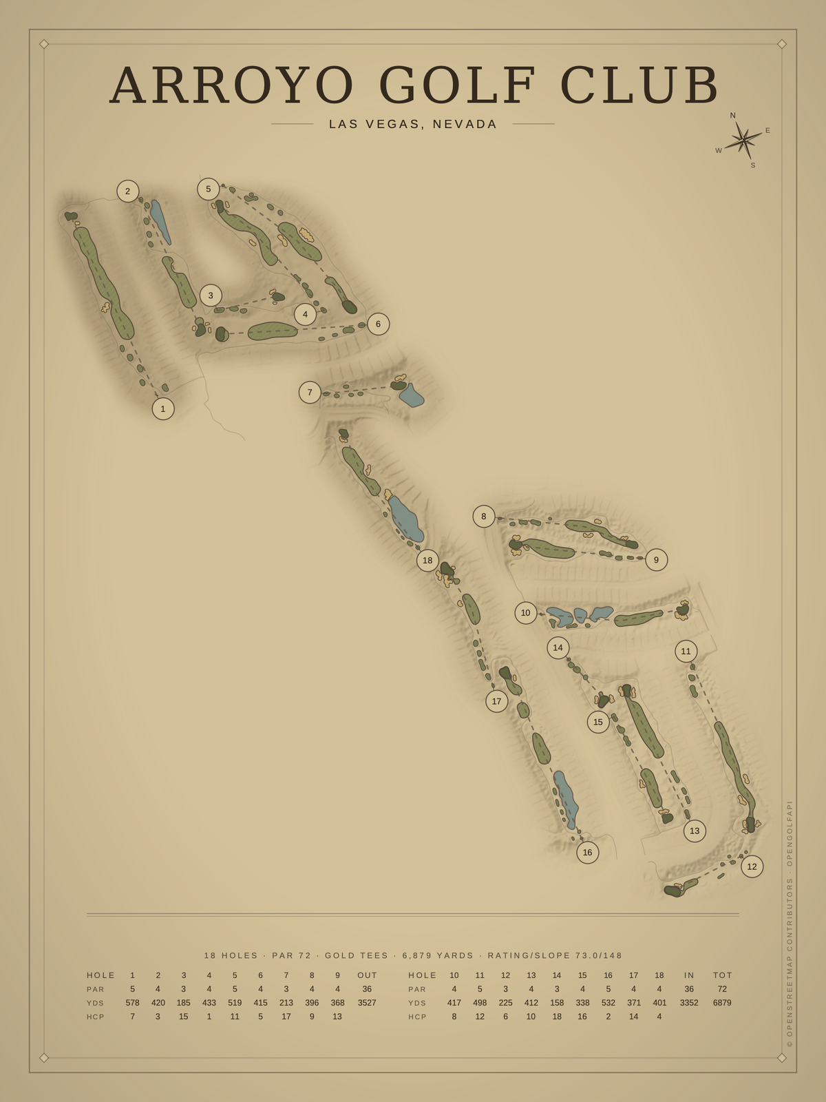 Arroyo Golf Club course map poster, Vintage style, 12×16 / 18×24
