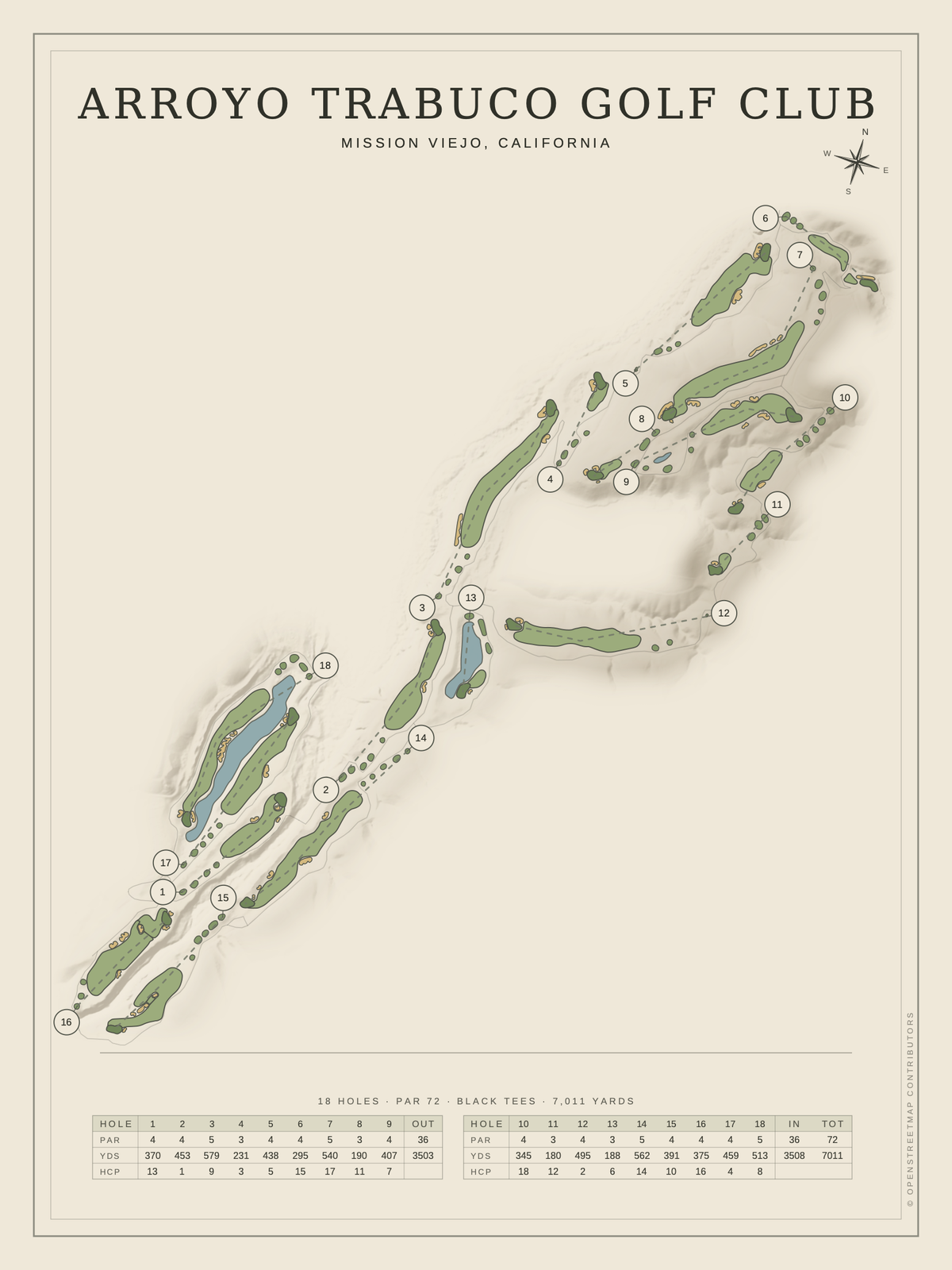 Arroyo Trabuco Golf Club course map poster, Classic style, 12×16 / 18×24