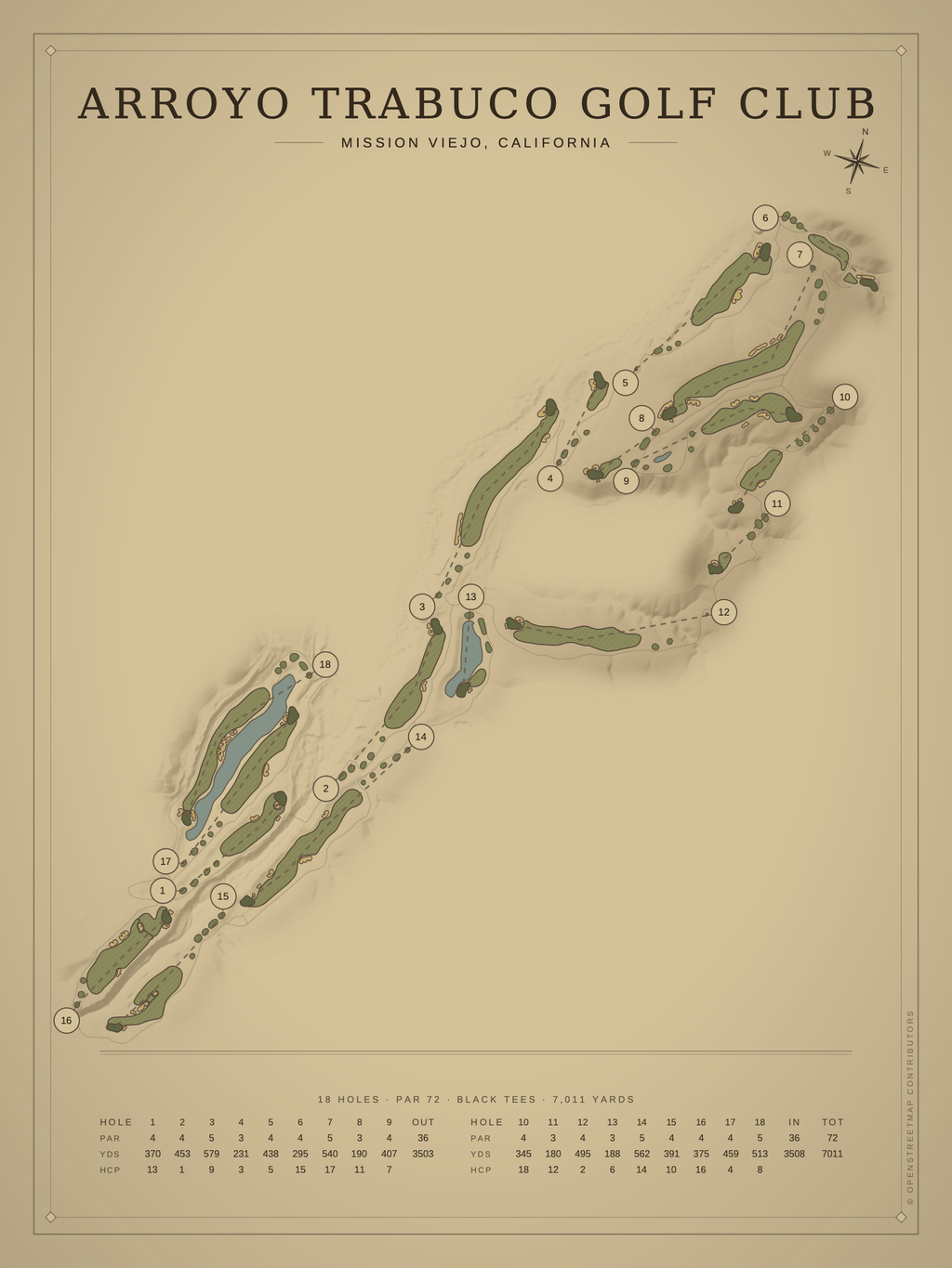 Arroyo Trabuco Golf Club course map poster, Vintage style, 12×16 / 18×24