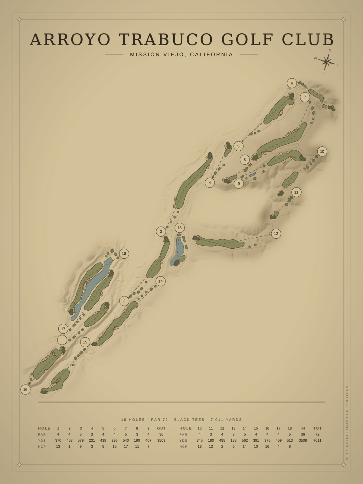 Arroyo Trabuco Golf Club course map poster, Vintage style, 12×16 / 18×24