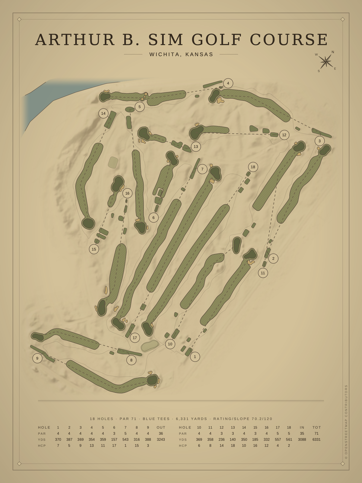 Arthur B. Sim Golf Course map poster, Vintage style, 12×16 / 18×24