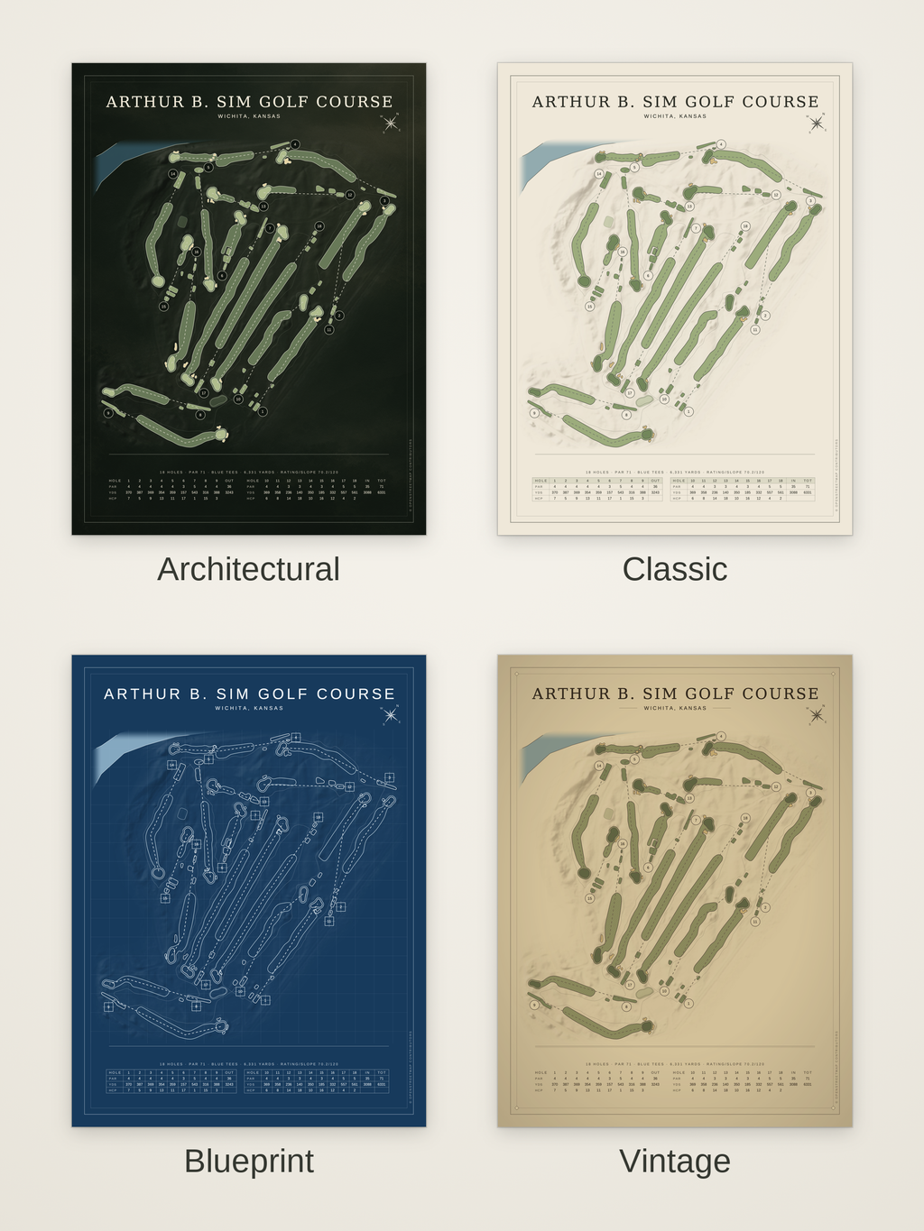 Arthur B. Sim Golf Course map poster in four styles: Architectural, Classic, Blueprint and Vintage
