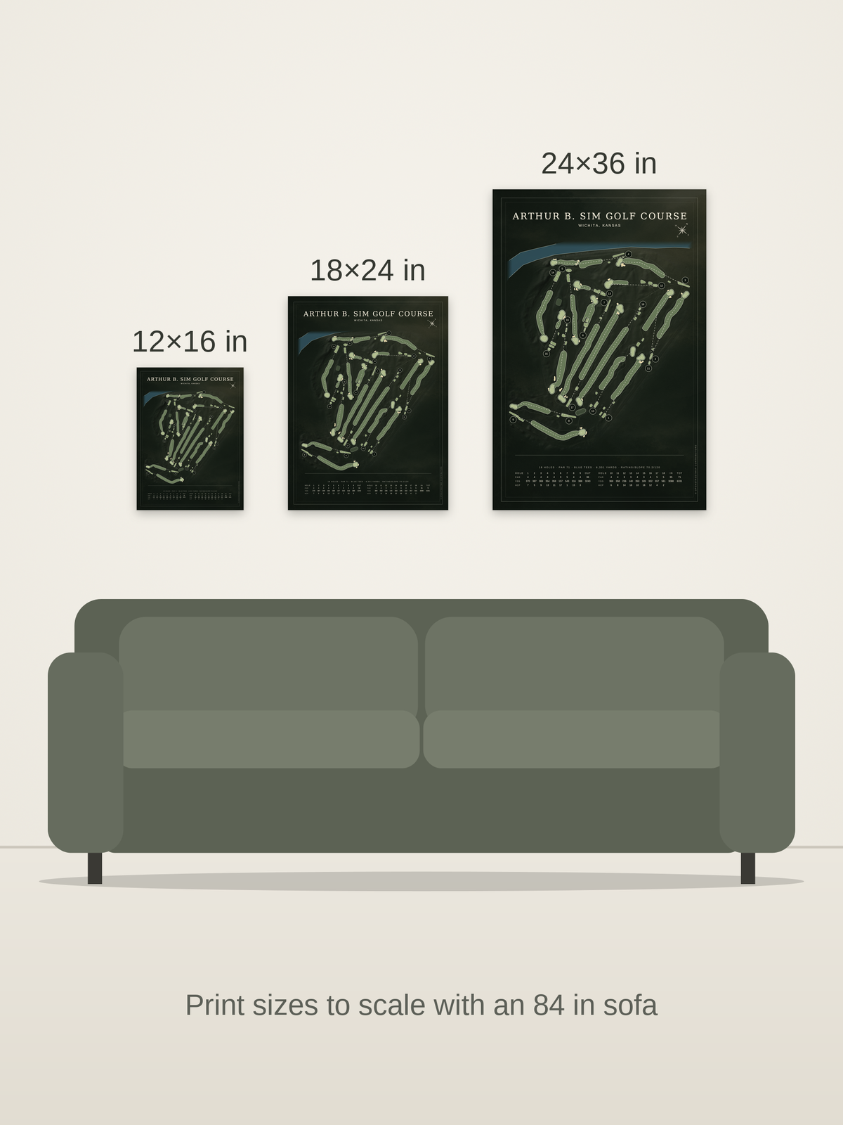 Arthur B. Sim Golf Course map poster in the Architectural style at 12×16, 18×24 and 24×36 inches, shown to scale on a wall above an 84-inch sofa