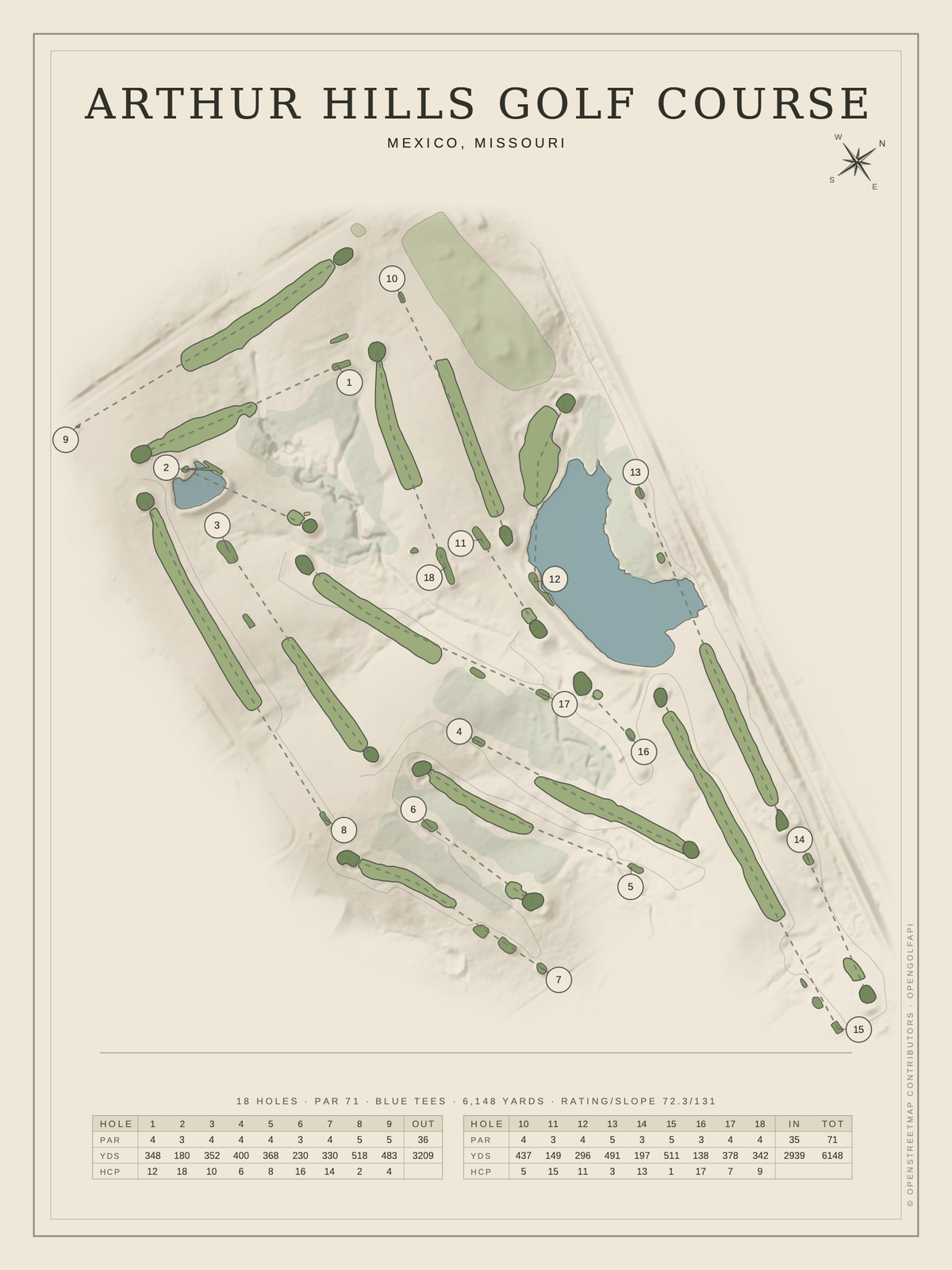 Arthur Hills Golf Course map poster, Classic style, 12×16 / 18×24