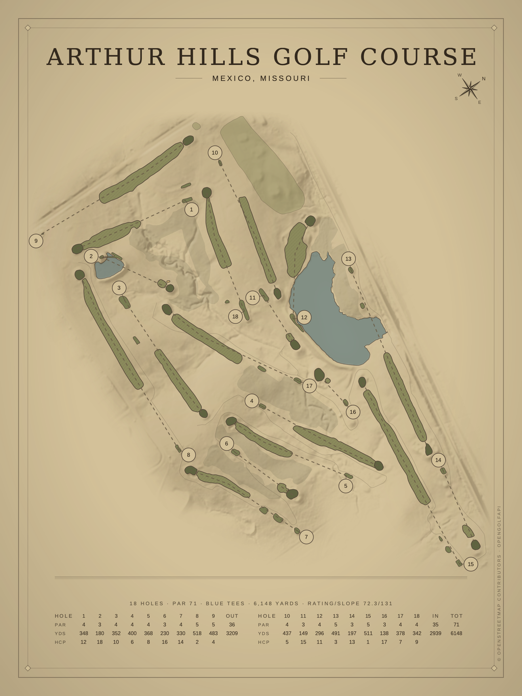 Arthur Hills Golf Course map poster, Vintage style, 12×16 / 18×24