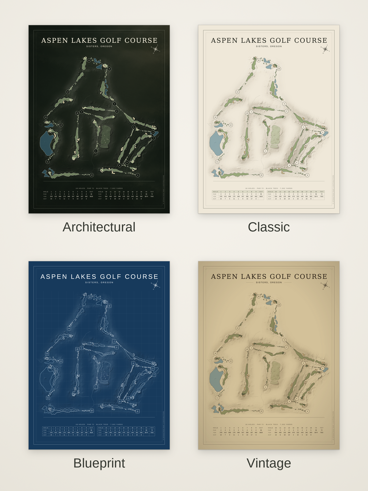 Aspen Lakes Golf Course map poster in four styles: Architectural, Classic, Blueprint and Vintage