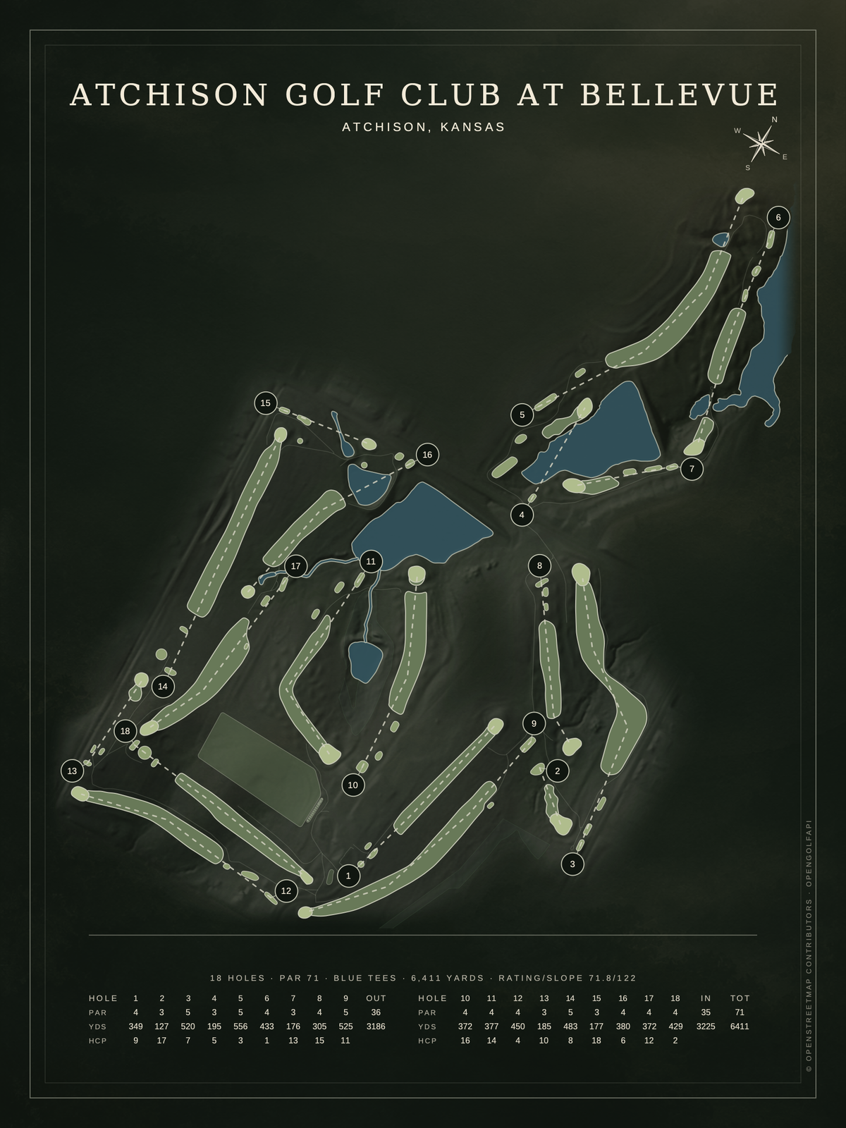 Atchison Golf Club at Bellevue course map poster, Architectural style, 12×16 / 18×24