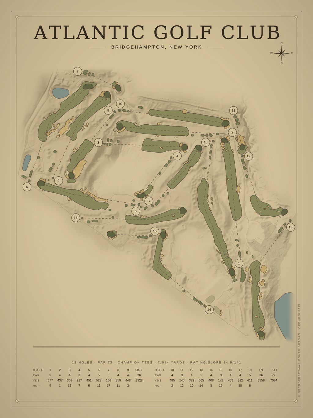 Atlantic Golf Club course map poster, Vintage style, 12×16 / 18×24