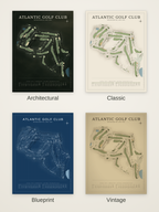 Atlantic Golf Club course map poster in four styles: Architectural, Classic, Blueprint and Vintage
