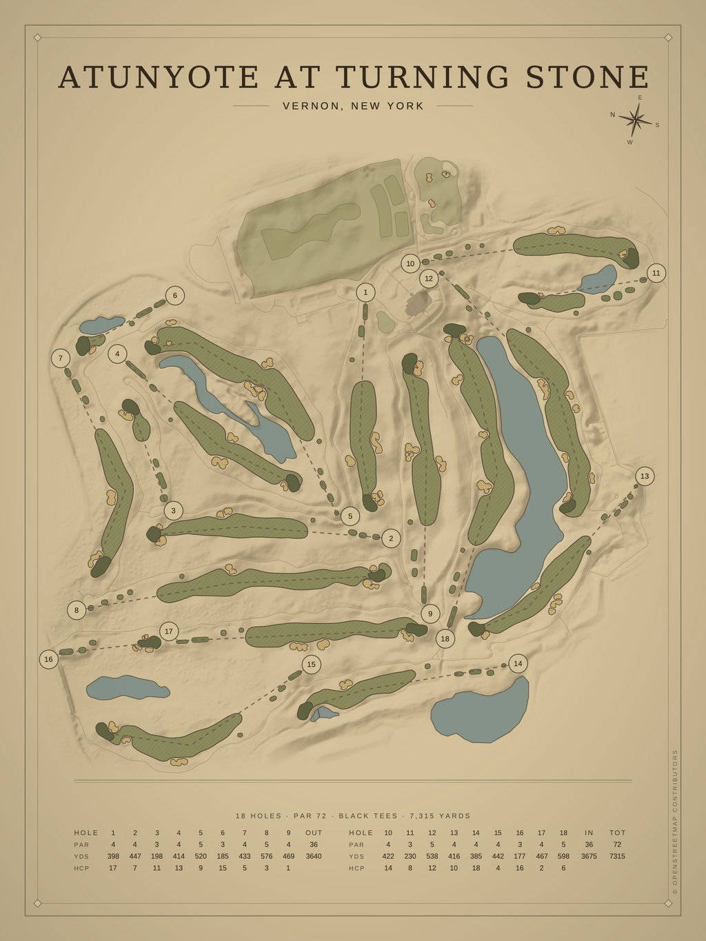 Atunyote at Turning Stone course map poster, Vintage style, 12×16 / 18×24