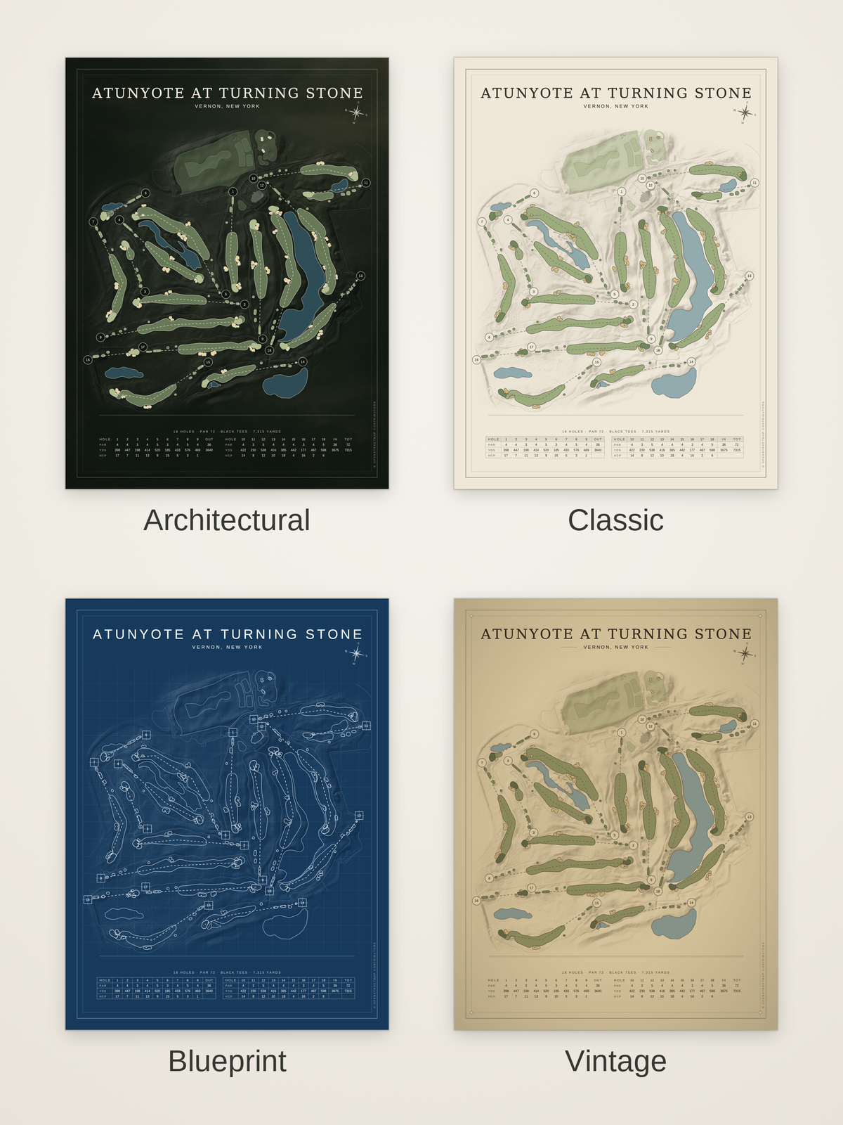 Atunyote at Turning Stone course map poster in four styles: Architectural, Classic, Blueprint and Vintage