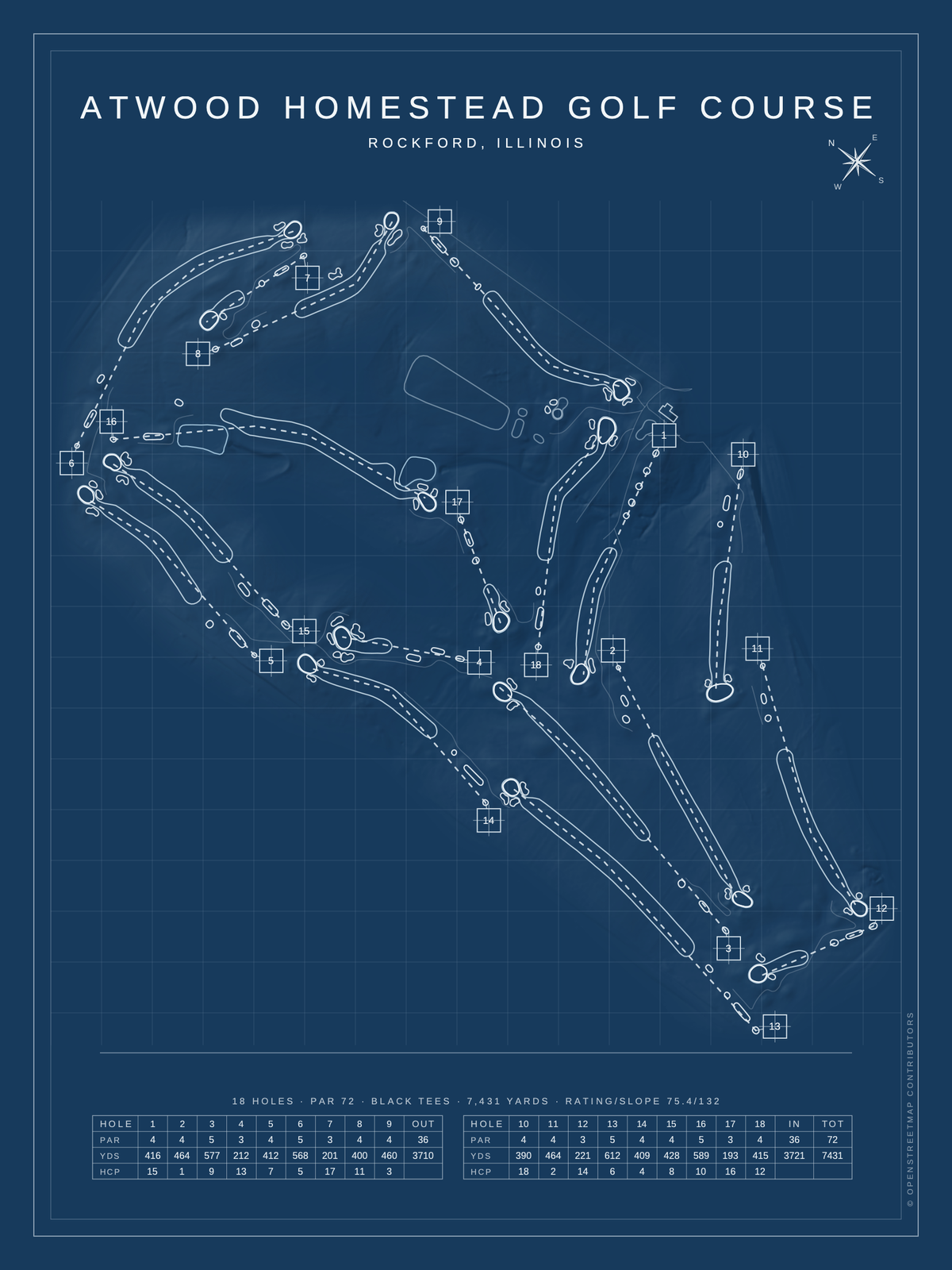 Atwood Homestead Golf Course map poster, Blueprint style, 12×16 / 18×24