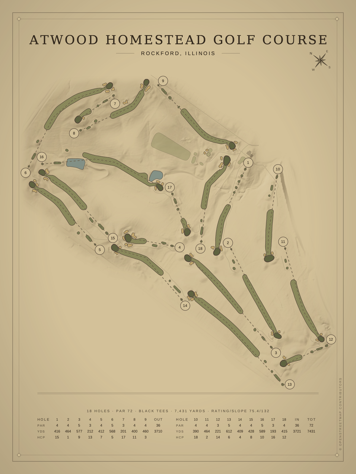 Atwood Homestead Golf Course map poster, Vintage style, 12×16 / 18×24