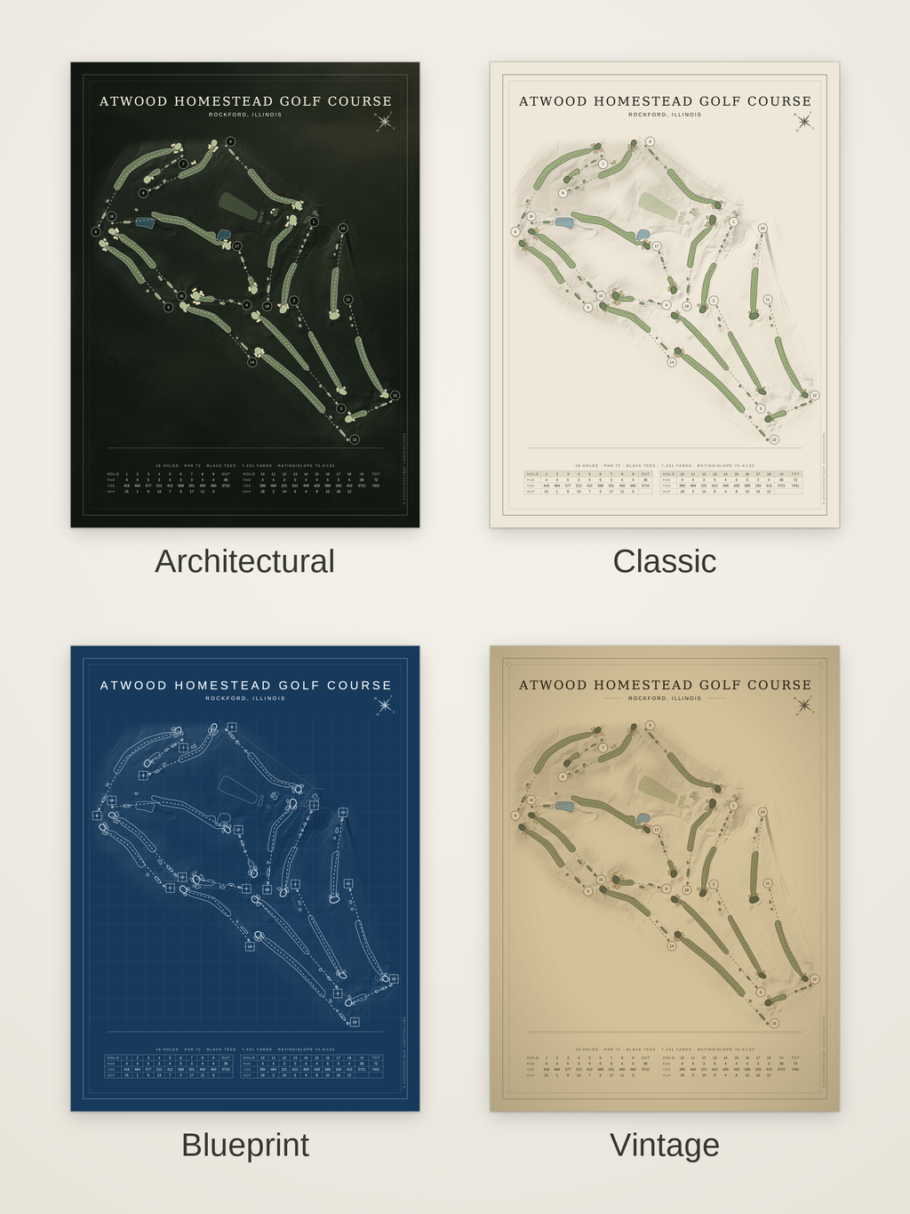 Atwood Homestead Golf Course map poster in four styles: Architectural, Classic, Blueprint and Vintage