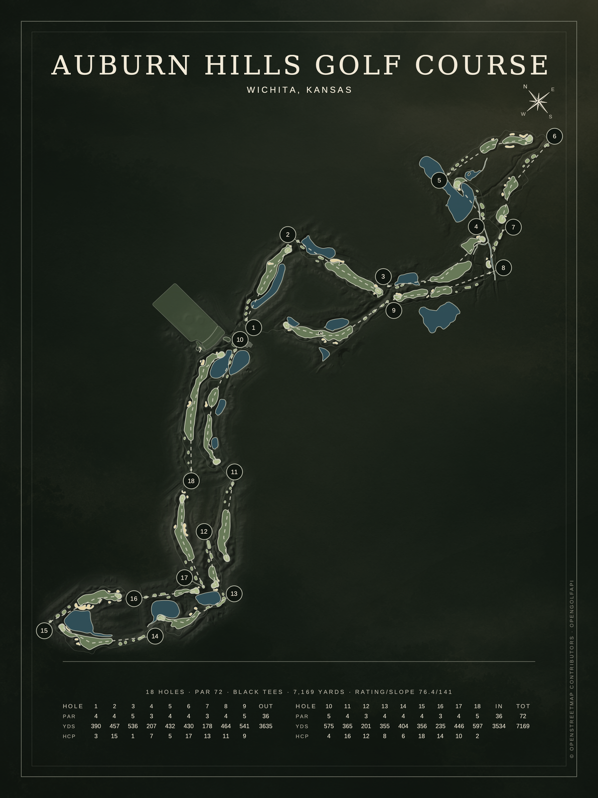 Auburn Hills Golf Course map poster, Architectural style, 12×16 / 18×24