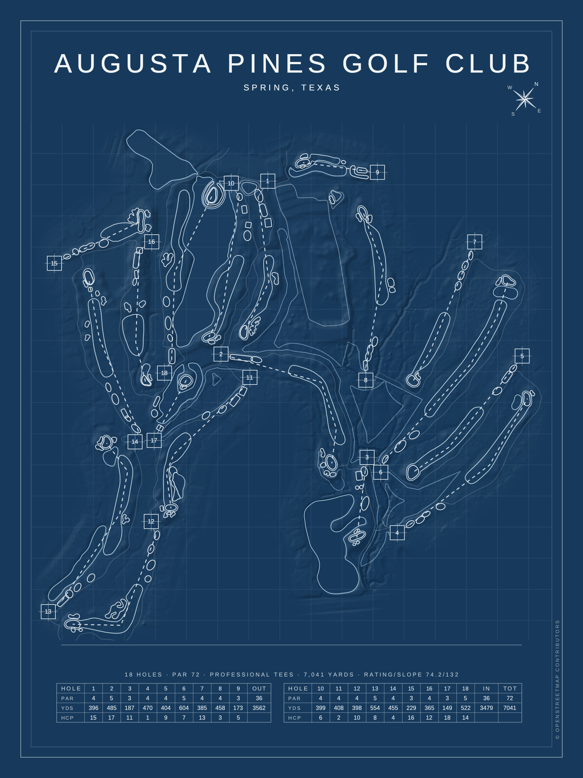 Augusta Pines Golf Club course map poster, Blueprint style, 12×16 / 18×24