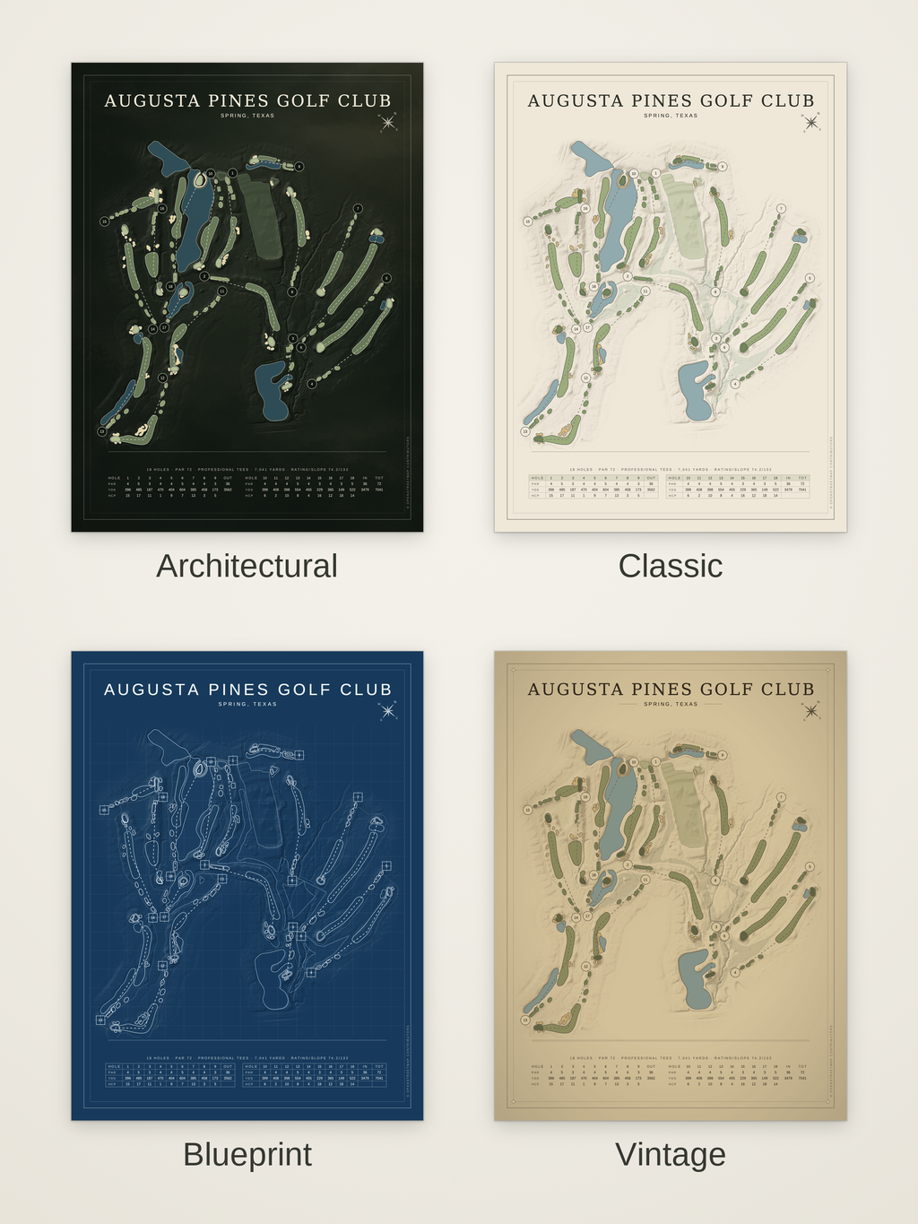 Augusta Pines Golf Club course map poster in four styles: Architectural, Classic, Blueprint and Vintage