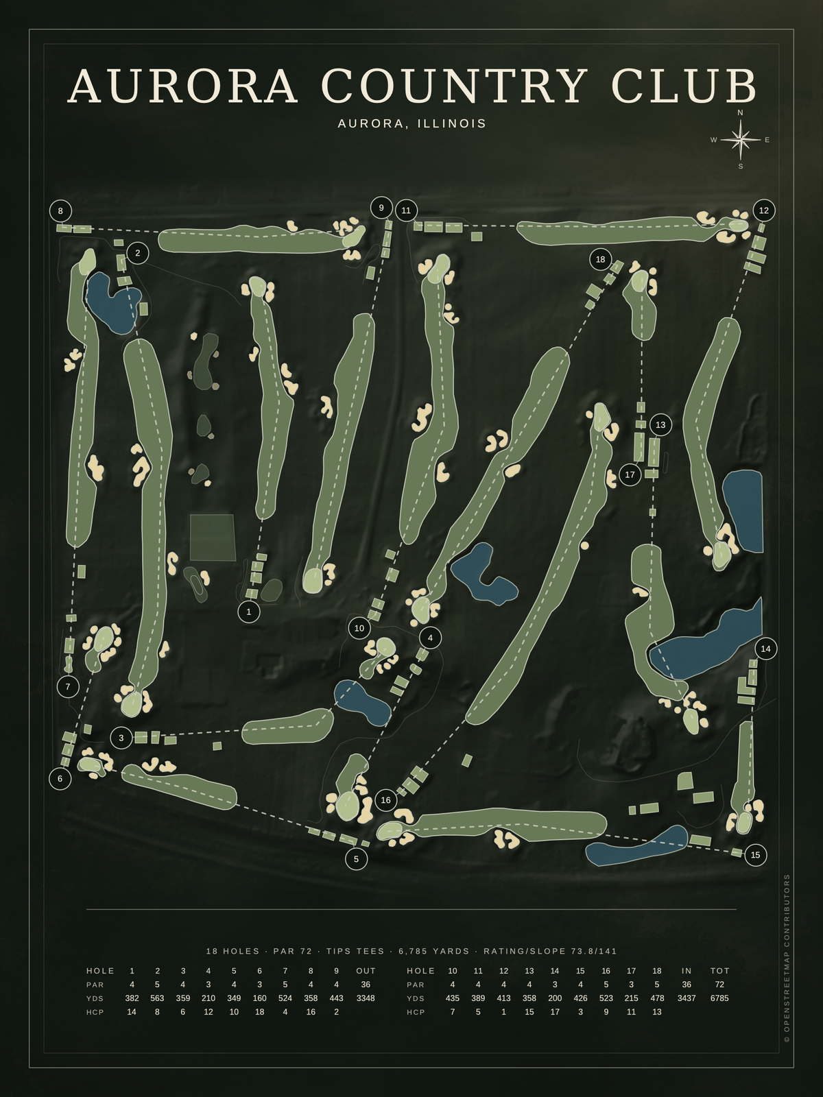 Aurora Country Club course map poster, Architectural style, 12×16 / 18×24