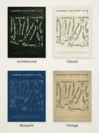 Aurora Country Club course map poster in four styles: Architectural, Classic, Blueprint and Vintage