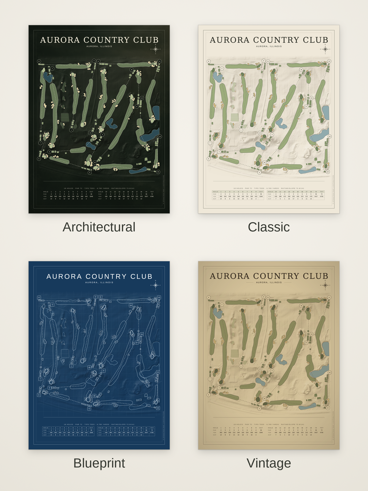 Aurora Country Club course map poster in four styles: Architectural, Classic, Blueprint and Vintage