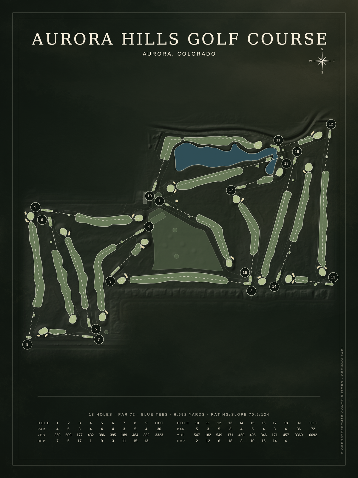 Aurora Hills Golf Course map poster, Architectural style, 12×16 / 18×24