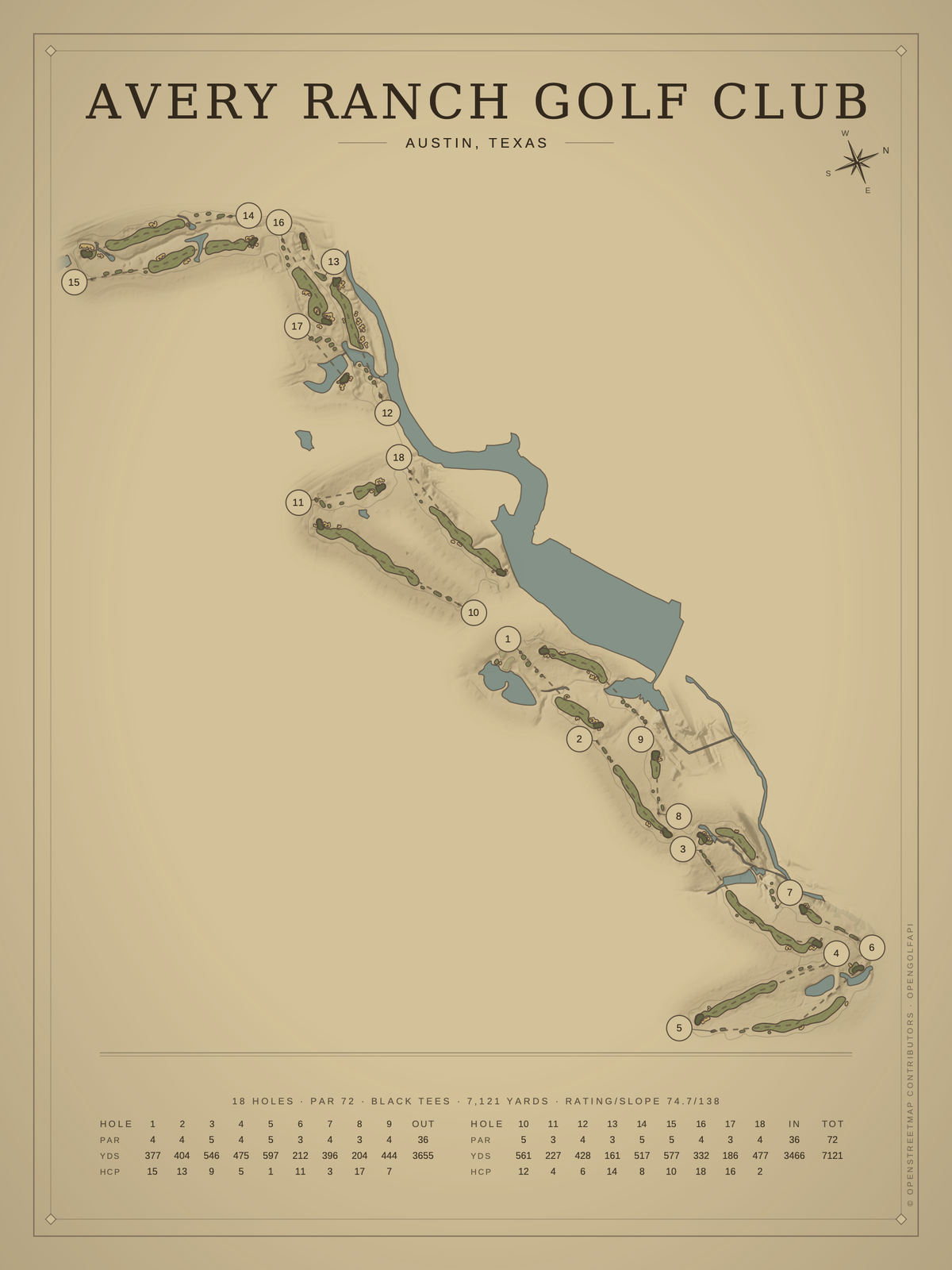 Avery Ranch Golf Club course map poster, Vintage style, 12×16 / 18×24