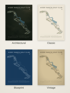 Avery Ranch Golf Club course map poster in four styles: Architectural, Classic, Blueprint and Vintage