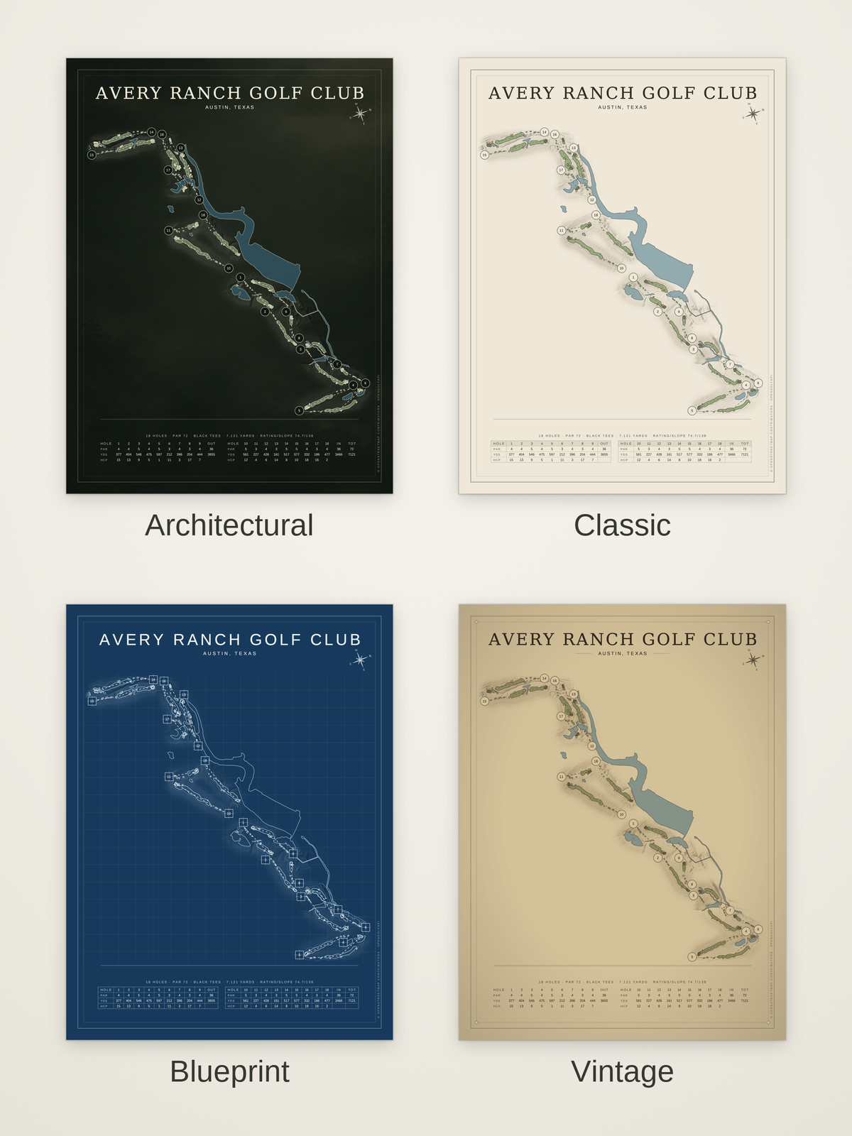 Avery Ranch Golf Club course map poster in four styles: Architectural, Classic, Blueprint and Vintage