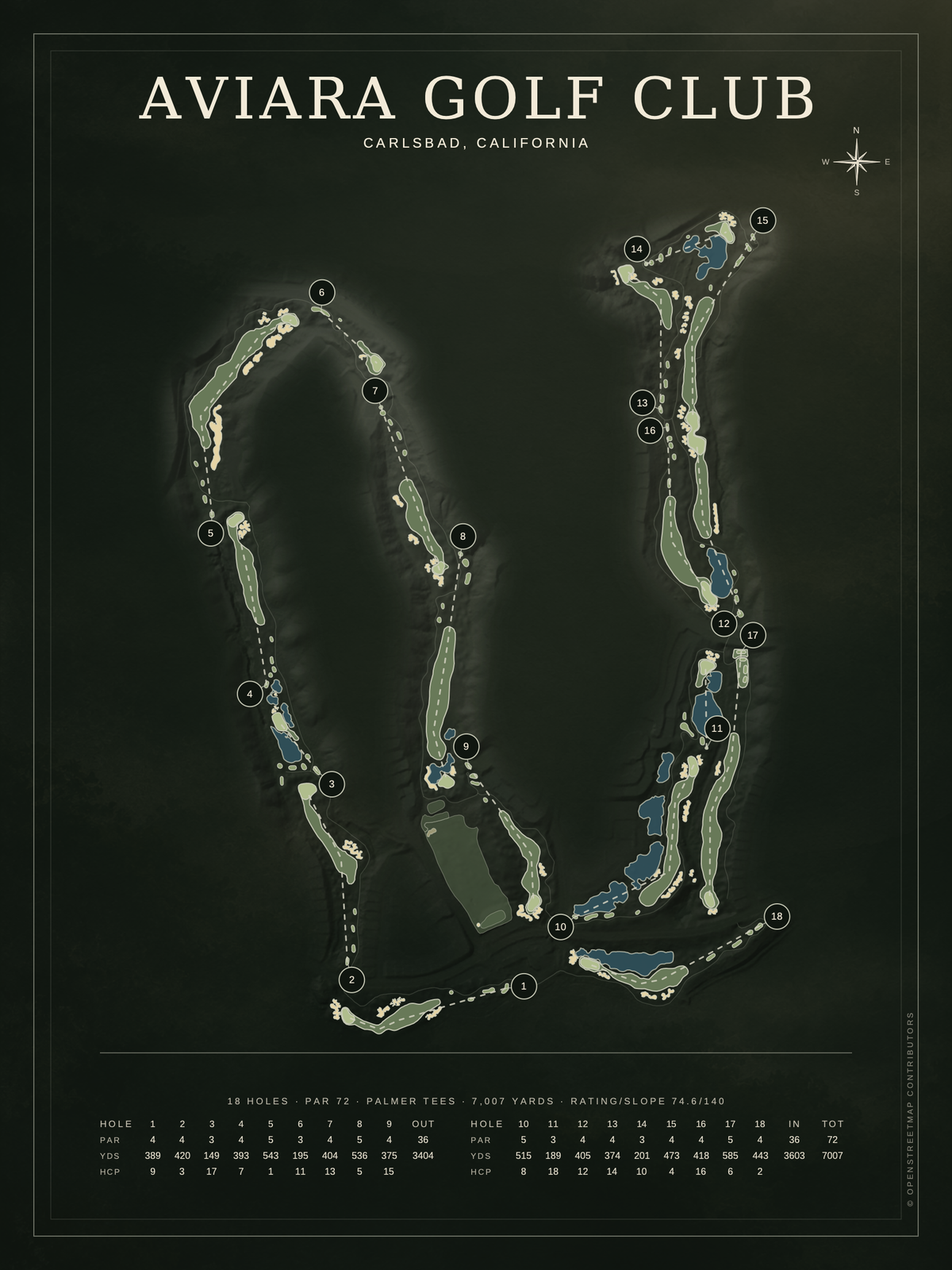 Aviara Golf Club course map poster, Architectural style, 12×16 / 18×24