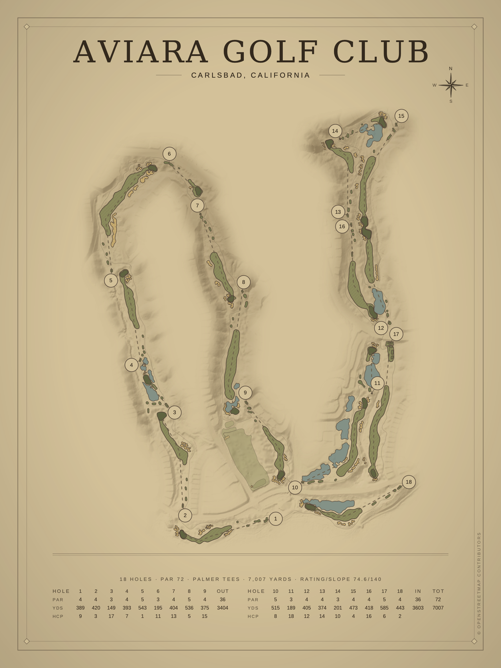 Aviara Golf Club course map poster, Vintage style, 12×16 / 18×24
