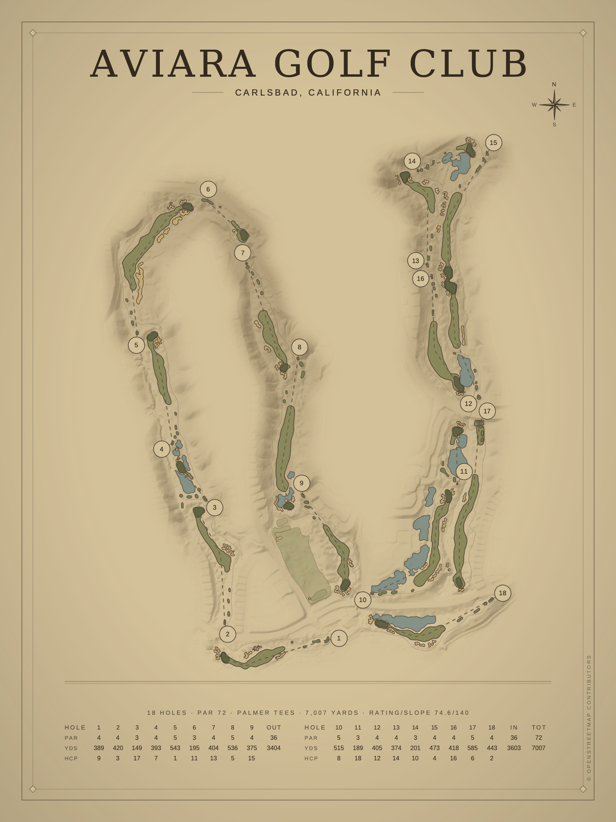 Aviara Golf Club course map poster, Vintage style, 12×16 / 18×24