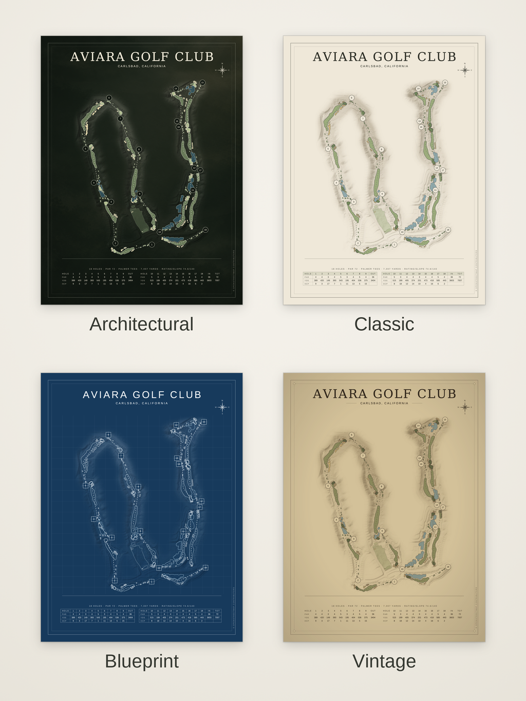 Aviara Golf Club course map poster in four styles: Architectural, Classic, Blueprint and Vintage