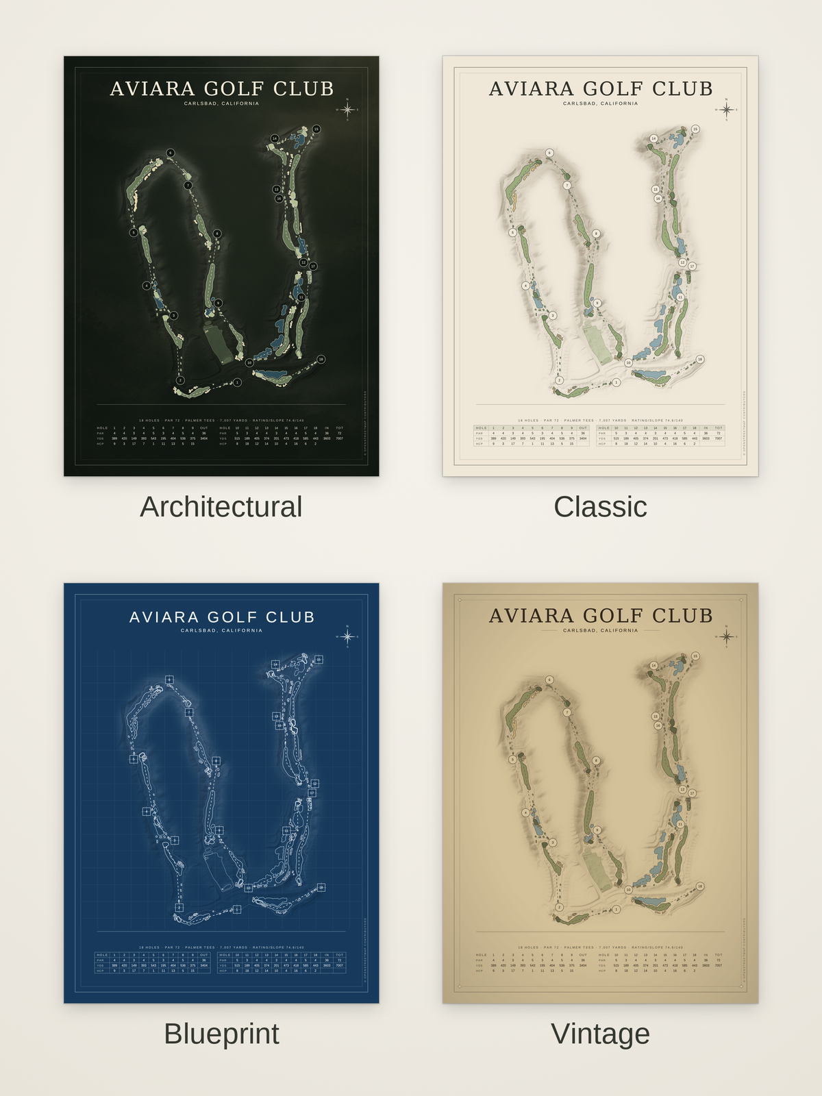 Aviara Golf Club course map poster in four styles: Architectural, Classic, Blueprint and Vintage