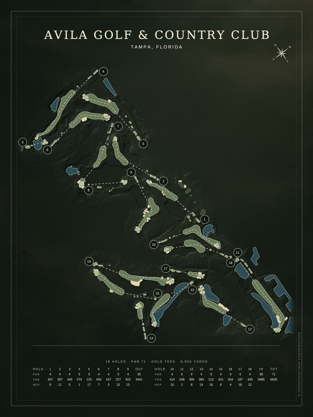 Avila Golf & Country Club course map poster, Architectural style, 12×16 / 18×24