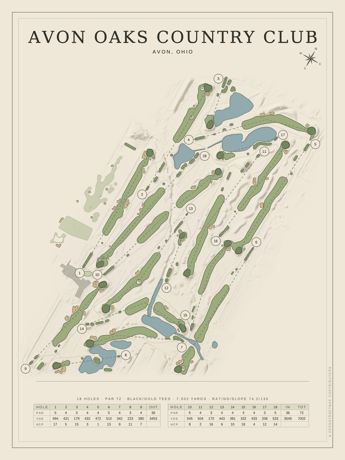 Avon Oaks Country Club course map poster, Classic style, 12×16 / 18×24